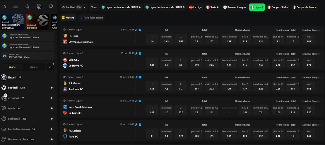 Betify paris sportifs avec matchs de Ligue 1, cotes, double chance et options de paris sur le football